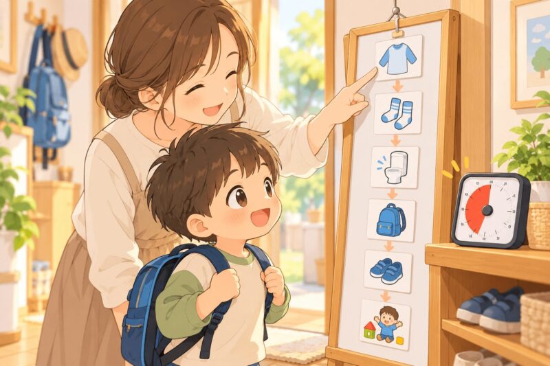 療育待ちの間に視覚支援カードとタイマーで朝の支度を見える化する親子のイラスト
