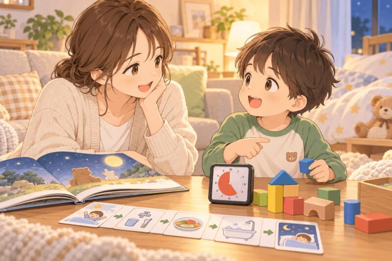 療育で学んだ関わり方を家庭で絵本や視覚支援カードに活かす親子のイラスト