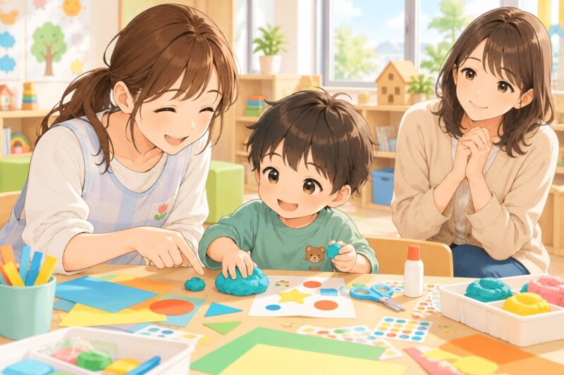 療育の製作活動で粘土やシールに挑戦する子どもと先生のイラスト