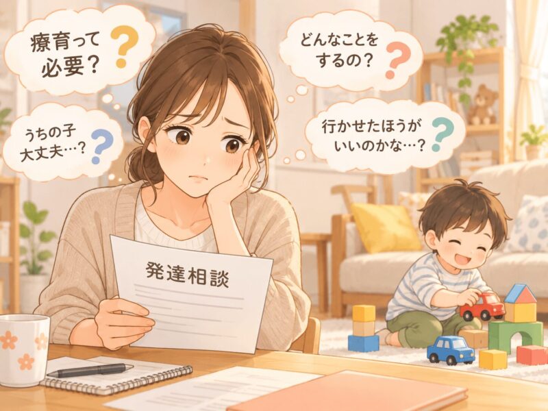 3歳児健診後に療育をすすめられて不安や疑問を感じる母と子どものイラスト