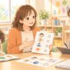 就学相談で母親が支援級希望と子どもに必要な支援を相談員に伝えているイラスト