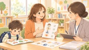 就学相談で母親が支援級希望と子どもに必要な支援を相談員に伝えているイラスト