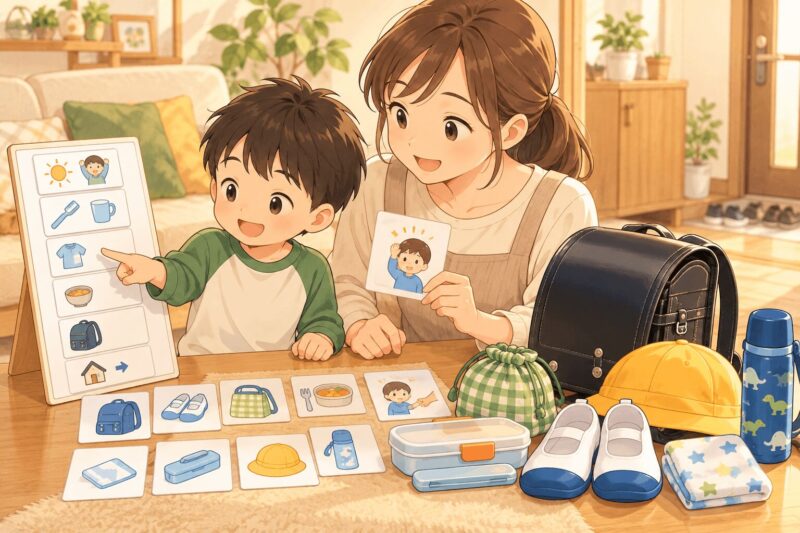 入学前に家庭でランドセルや持ち物カードを使って小学校準備をしている親子のイラスト