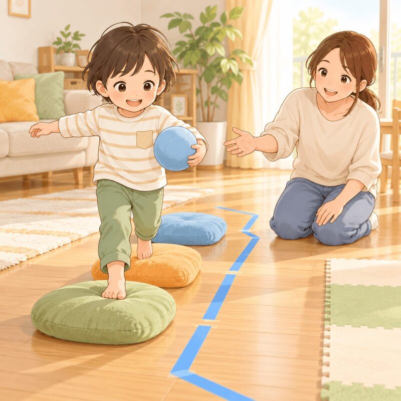 クッション渡りや線歩きでバランス感覚と体の使い方を育てる子どものイラスト