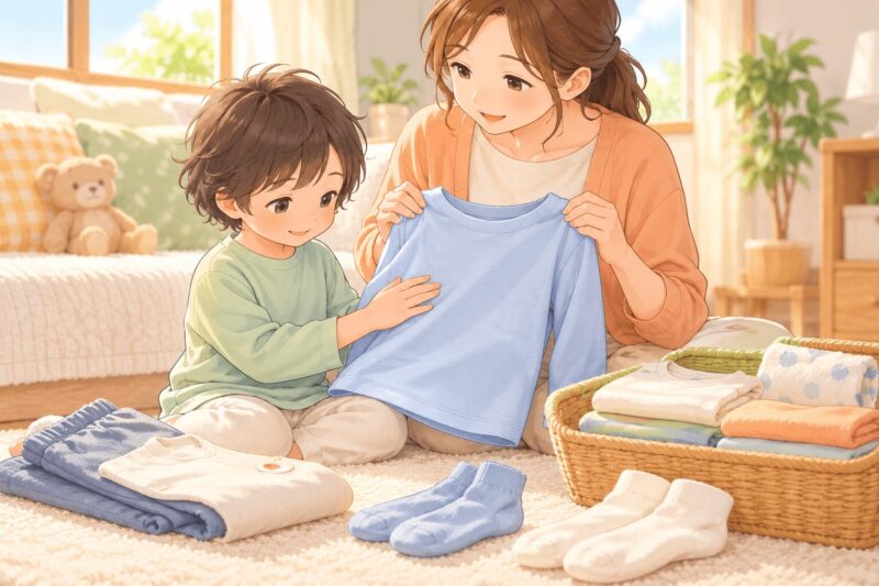触覚過敏の子どもにタグなしの服や無縫製ソックスを選ぶ親子のイラスト
