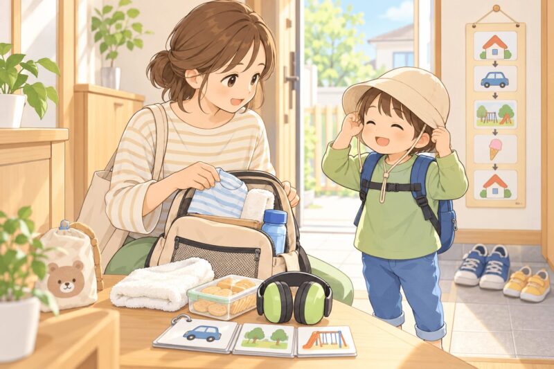 感覚過敏の子どもの外出準備として着替えやイヤーマフを用意する親子のイラスト