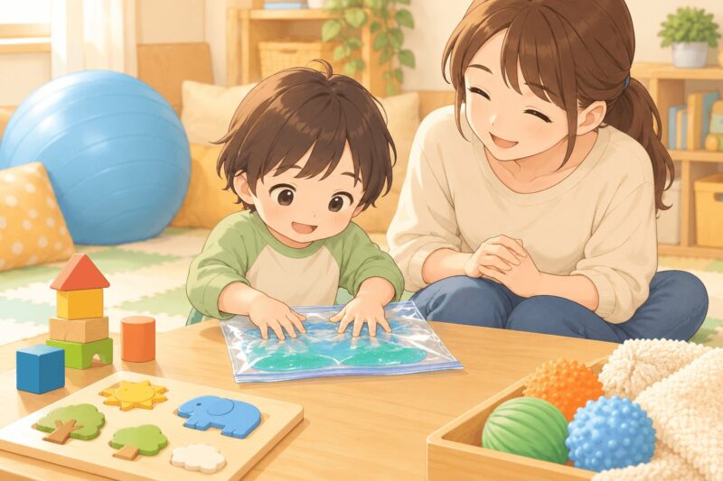 スライムを袋越しに触って感覚遊びをする子どもと見守る母親のイラスト