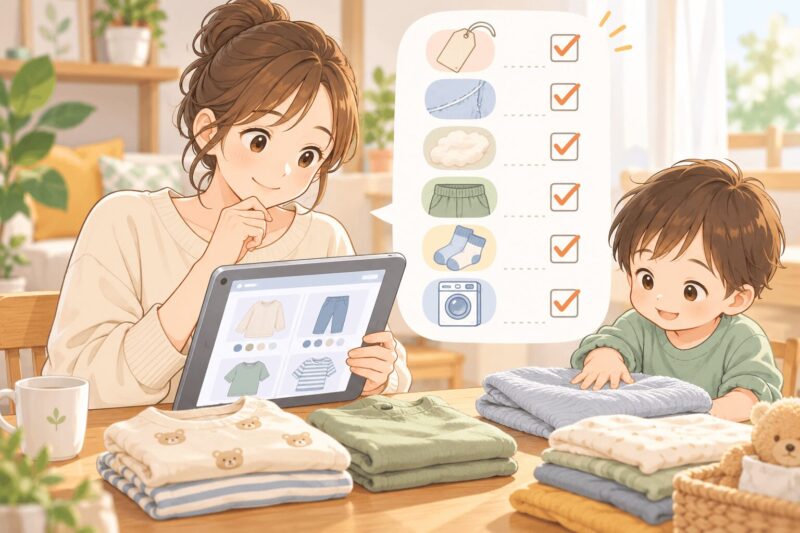 感覚過敏の子ども服を通販で選ぶ前にチェックリストを確認する親子のイラスト