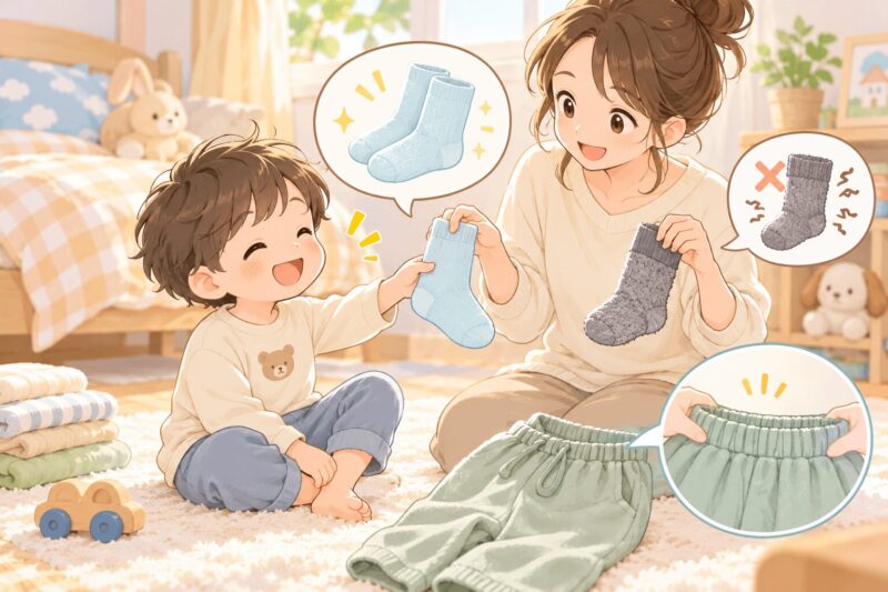 無縫製ソックスと締めつけの少ないズボンを選ぶ親子のイラスト