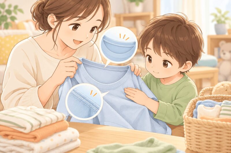 タグなしや縫い目が少ない子ども服を確認する親子のイラスト
