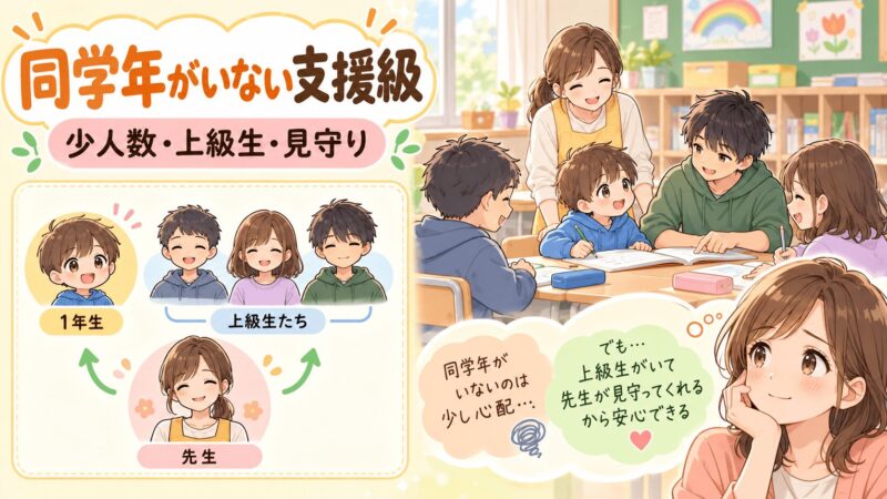同学年がいない支援級で少人数と上級生の見守りがあるクラス構成のイラスト