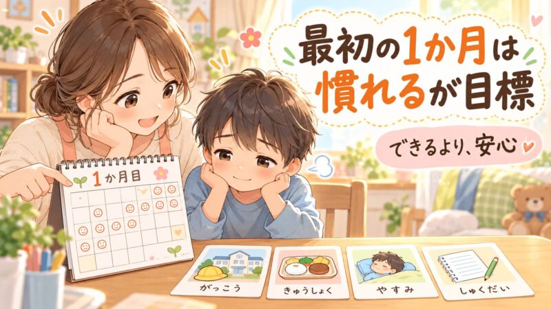 支援級入学後の最初の1か月はできるより慣れることを目標に親子で確認するイラスト