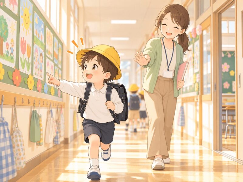 新しい学校環境が気になって廊下で気持ちが高ぶる子どもと見守る先生のイラスト