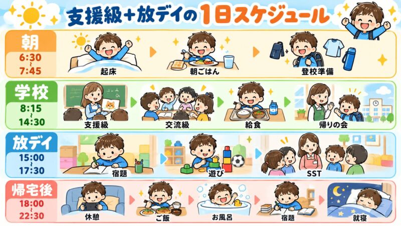 支援級と放課後等デイサービスを利用する小1の1日スケジュール図解