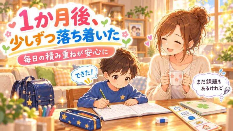 支援級と放課後等デイサービス生活に少しずつ慣れて宿題に取り組む子どものイラスト