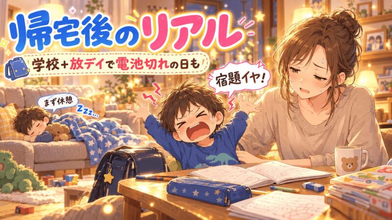 学校と放課後等デイサービスで疲れて帰宅後に宿題を嫌がる子どもと見守る母のイラスト