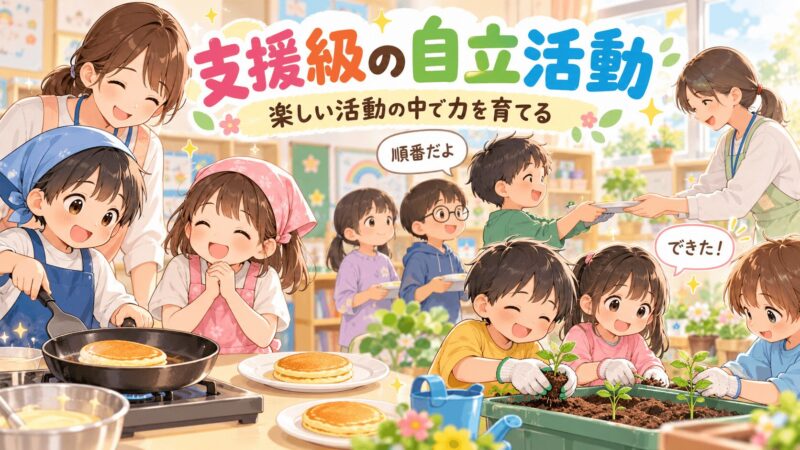 支援級の自立活動で調理や栽培を通して順番や協力を学ぶ子どものイラスト