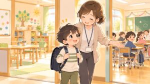 支援級と交流級を行き来しながら学校生活を送る小学生のイラスト