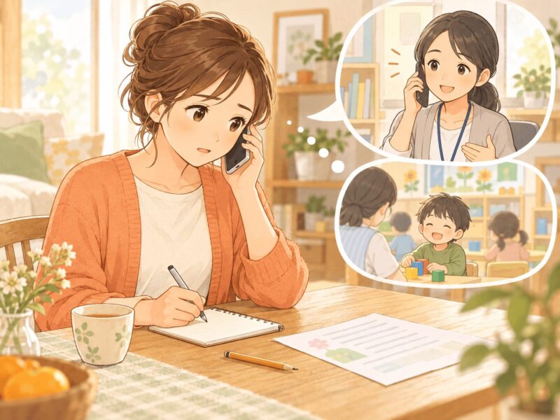 支援級入学後の様子を先生との電話で聞きながらメモを取る母のイラスト