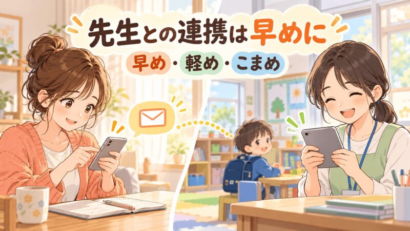 支援級入学後の不安を先生へ早めに共有する母と担任のイラスト