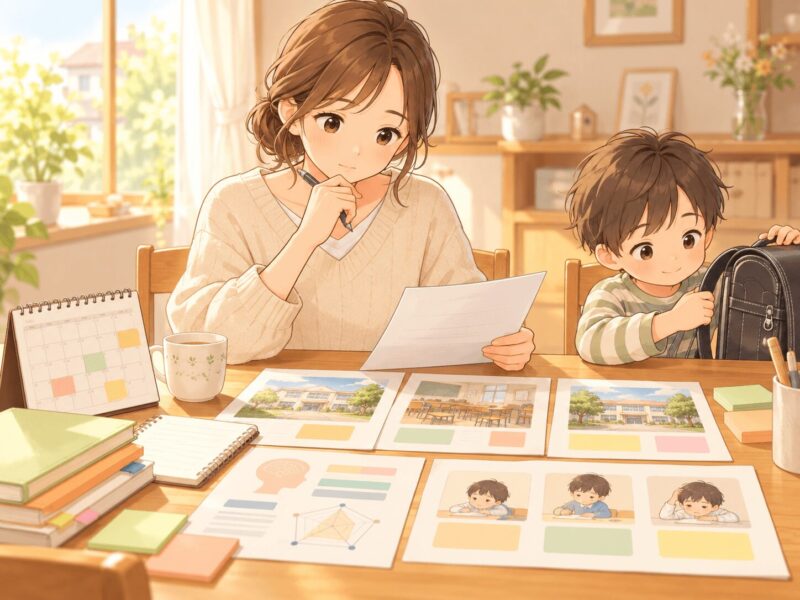 発達検査や学校見学の資料を見ながら就学先の判断材料を整理する母親のイラスト