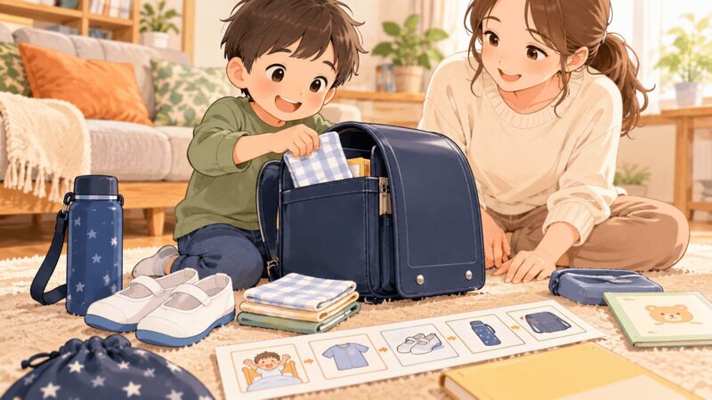 就学判定後に家庭でランドセルや持ち物管理の練習をしている親子のイラスト