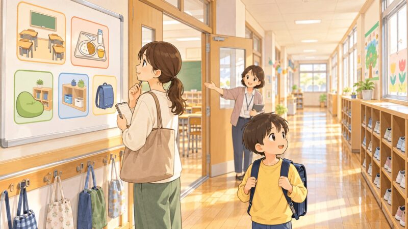 就学判定後に小学校で確認したい支援内容を親子で見ているイラスト