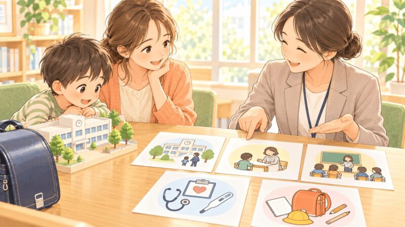 就学相談後に学校見学や就学時健康診断、入学準備の流れを確認している親子のイラスト