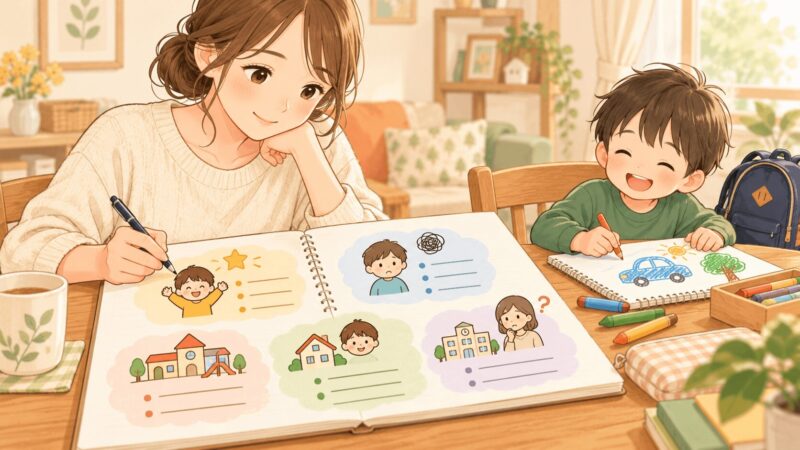 就学相談前に子どもの得意なことや苦手なことをメモに整理している母親のイラスト