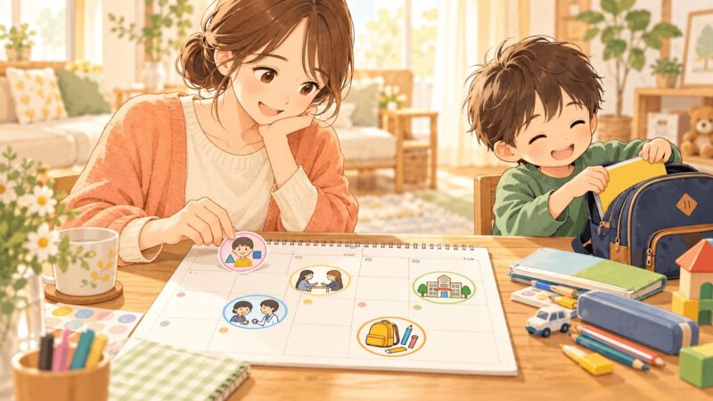 年長の就学相談スケジュールをカレンダーで整理している親子のイラスト