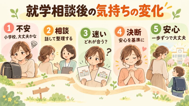 就学相談後に親の気持ちが不安から安心へ変化する流れをまとめた図解