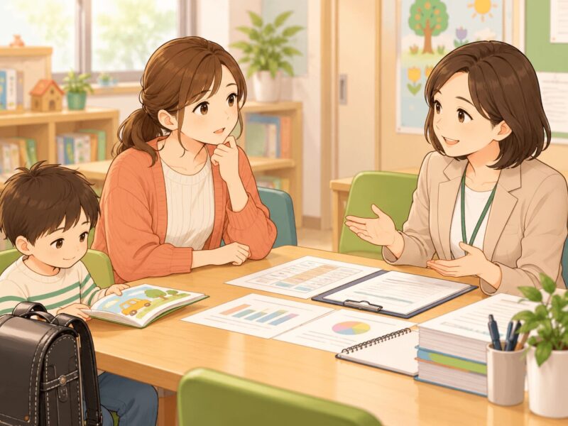 就学相談で子どもの様子や就学先について先生と話し合う親子のイラスト