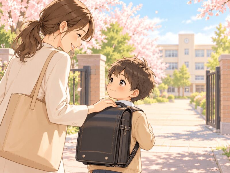 安心して小学校生活を始められるよう親が子どもを見送るイラスト
