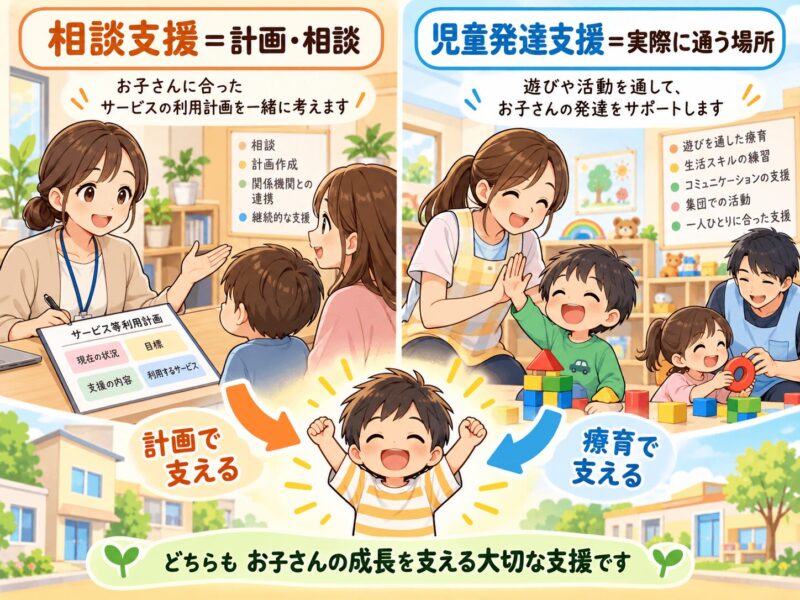 相談支援事業所と児童発達支援事業所の違いを比較するイラスト