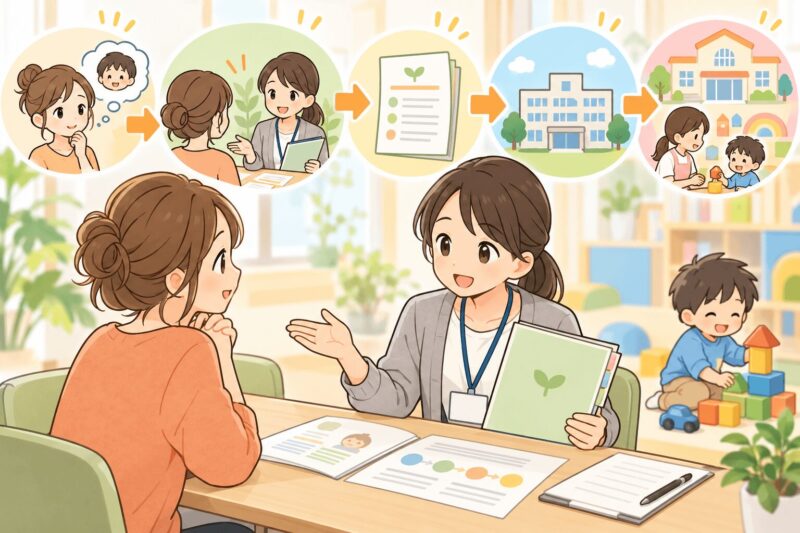 相談支援事業所で支援計画を作り児童発達支援の利用につなげる流れのイラスト