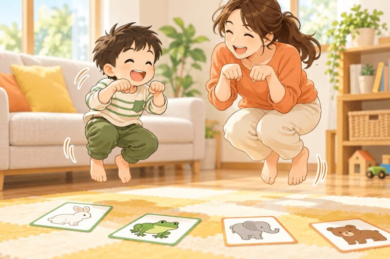 男の子が母親と動物まねっこ遊びをして発語のきっかけを作るイラスト
