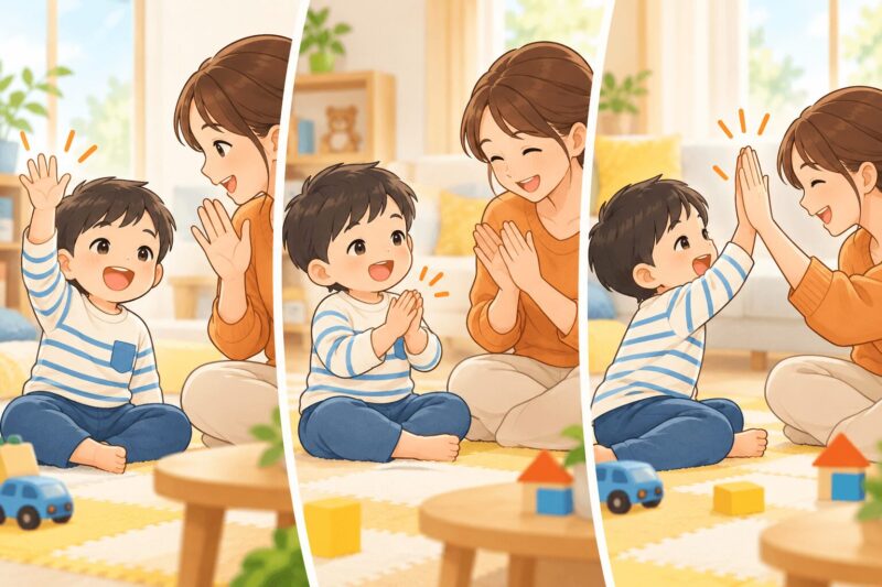 男の子がバイバイ・パチパチ・ハイタッチの動作模倣をするイラスト
