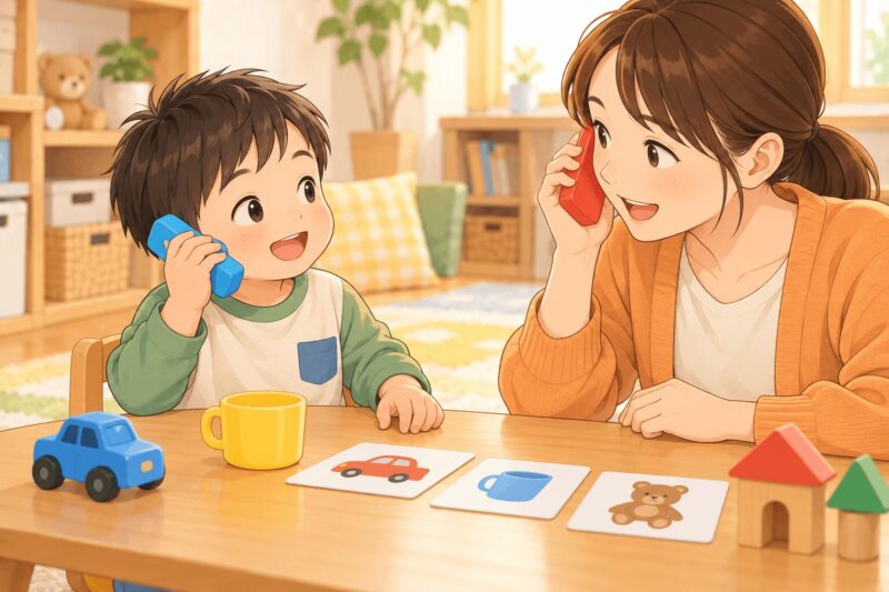 男の子がおもちゃの電話を使って母親の動きをまねするイラスト