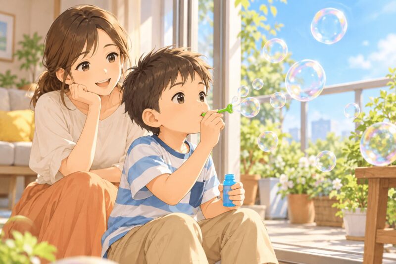 stuttering-bubble-breathing-play.png	男の子がシャボン玉でゆっくり息を吐く練習をする親子のイラスト