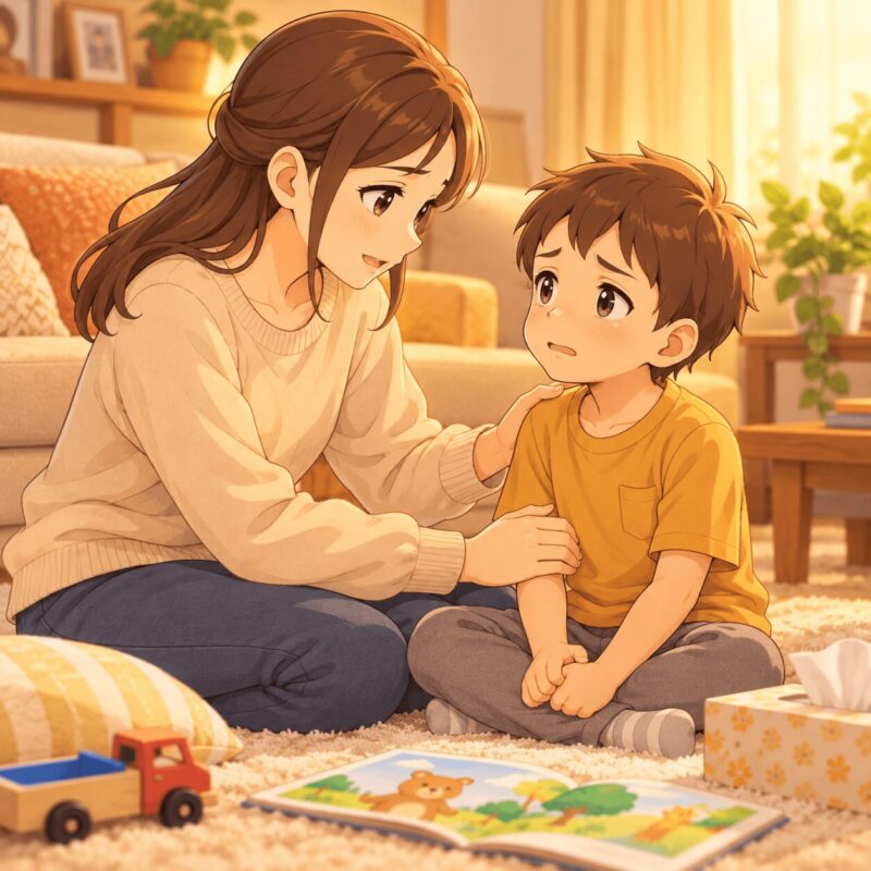 言葉が出にくく不安そうな男の子に母親が寄り添うイラスト