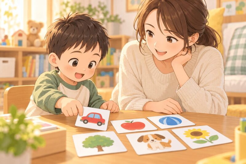 stuttering-picture-card-word-play.png	男の子が絵カードを選びながら母親と言葉遊びをするイラスト