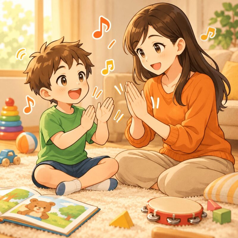 stuttering-rhythm-play-parent-child-v2.png	親子で手拍子をしながら言葉のリズム遊びをする男の子のイラスト