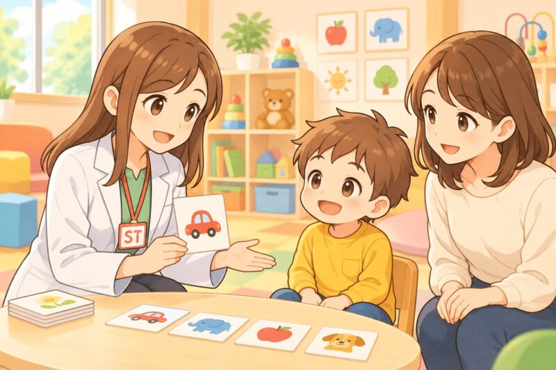 stuttering-speech-therapist-consultation-v2.png	吃音について男の子と母親が言語聴覚士に相談するイラスト
