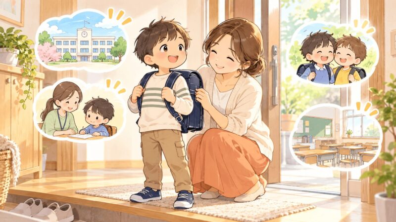 支援級を選んだ後にランドセルを背負い前向きに入学準備をする親子のイラスト