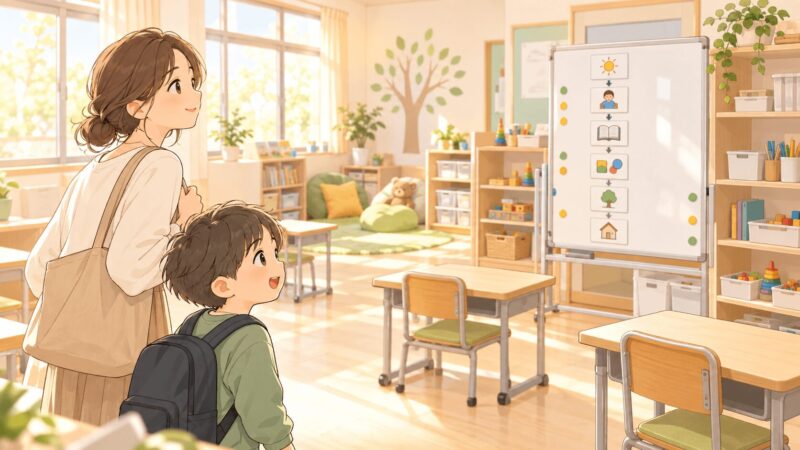 支援級見学で教室の雰囲気や視覚支援、クールダウン場所を確認している親子のイラスト