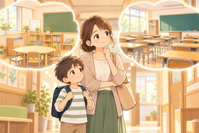 支援級か普通級か迷いながら子どもに合う教室環境を考えている親子のイラスト