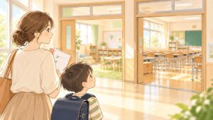 支援級か普通級か迷いながら子どもに合う学びの環境を親子で考えているイラスト