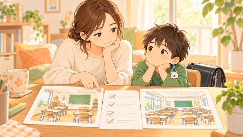 支援級と普通級の教室環境を比べながら子どもに合う学び方を考えているイラスト