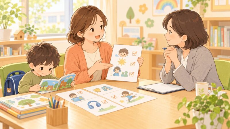 就学相談で母親が支援級を希望する理由と必要な支援を教育相談員に伝えているイラスト