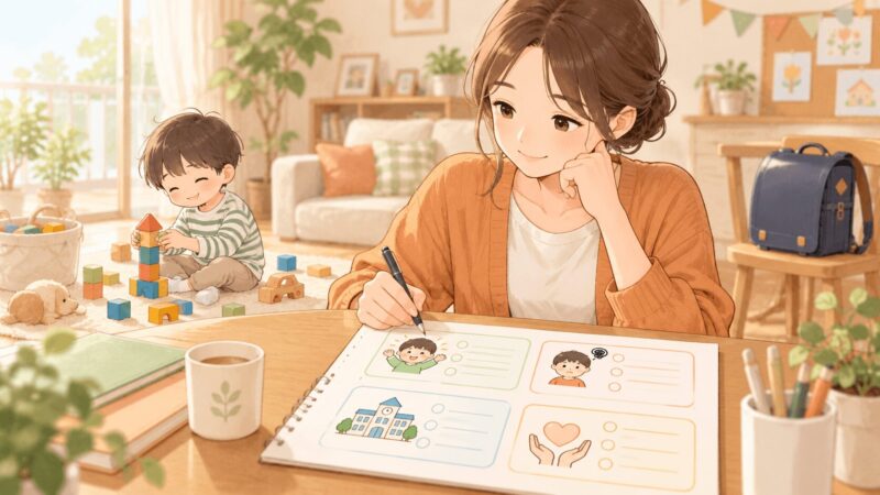 就学相談前に子どもの得意なことや困りごと、希望する支援をメモに整理している母親のイラスト